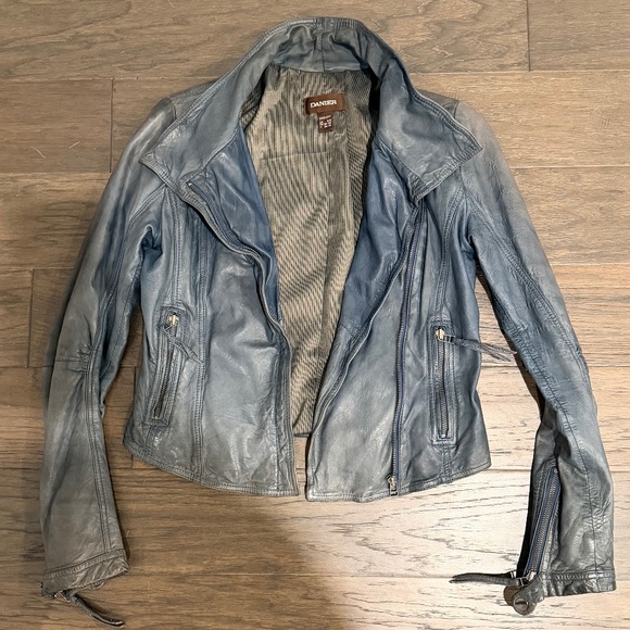 Danier Blue-Grey Genuine Leather Moto Jacket 2XS Asymmetric Zip, High Collar - Picture 1 of 16